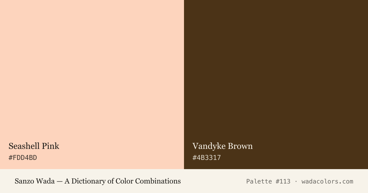 Sanzo Wada color palette #113: Seashell Pink, Vandyke Brown, with hex codes