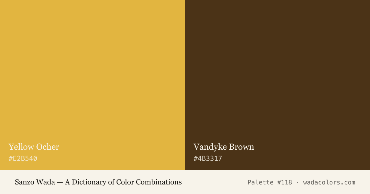 Sanzo Wada color palette #118: Yellow Ocher, Vandyke Brown, with hex codes