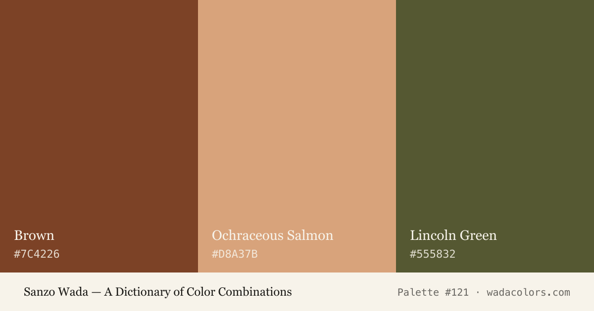 Sanzo Wada color palette #121: Brown, Ochraceous Salmon, Lincoln Green, with hex codes
