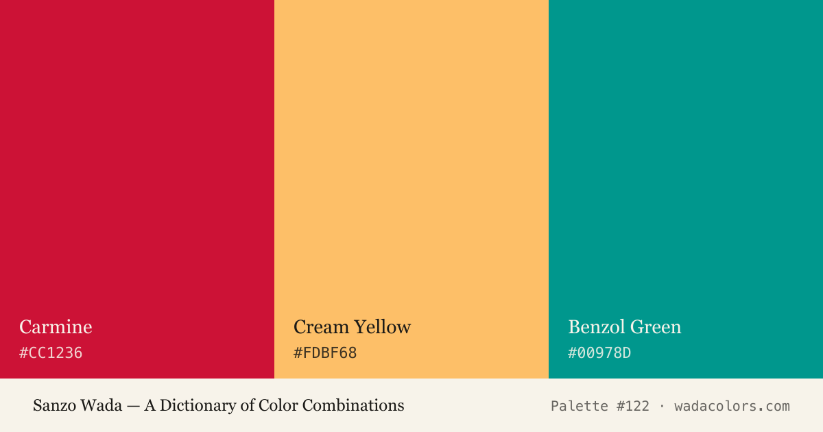 Sanzo Wada color palette #122: Carmine, Cream Yellow, Benzol Green, with hex codes