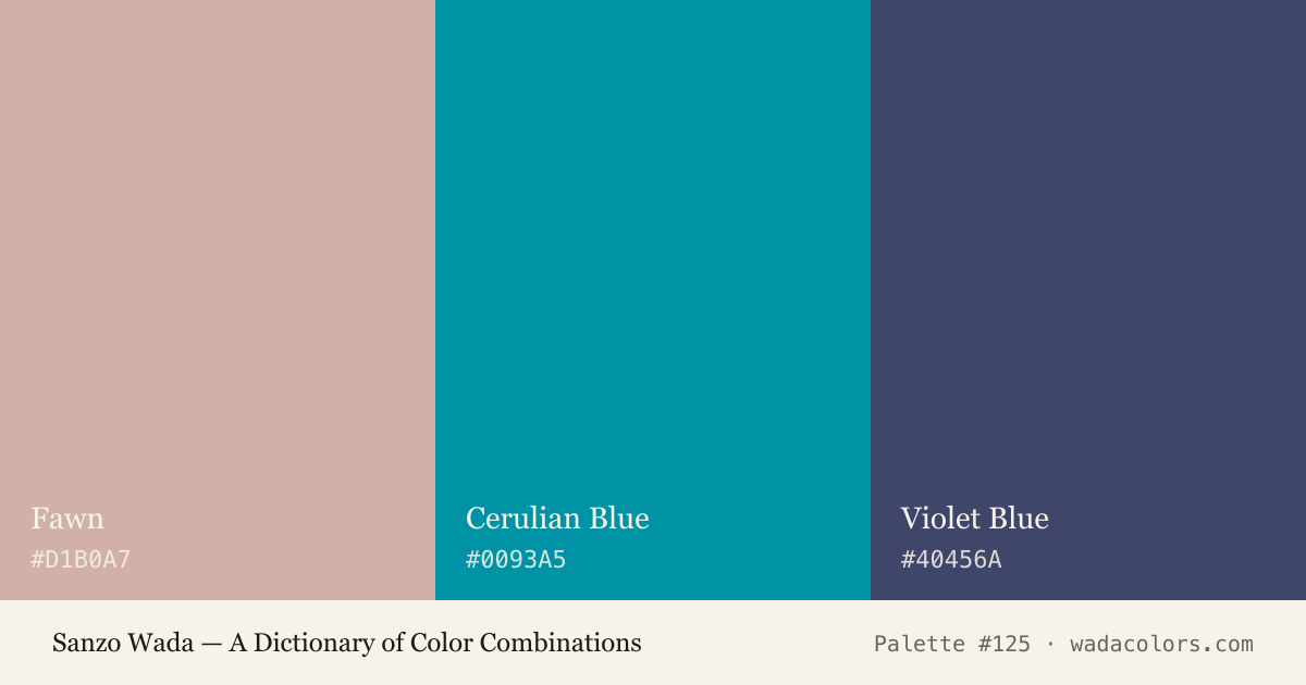 Sanzo Wada color palette #125: Fawn, Cerulian Blue, Violet Blue, with hex codes