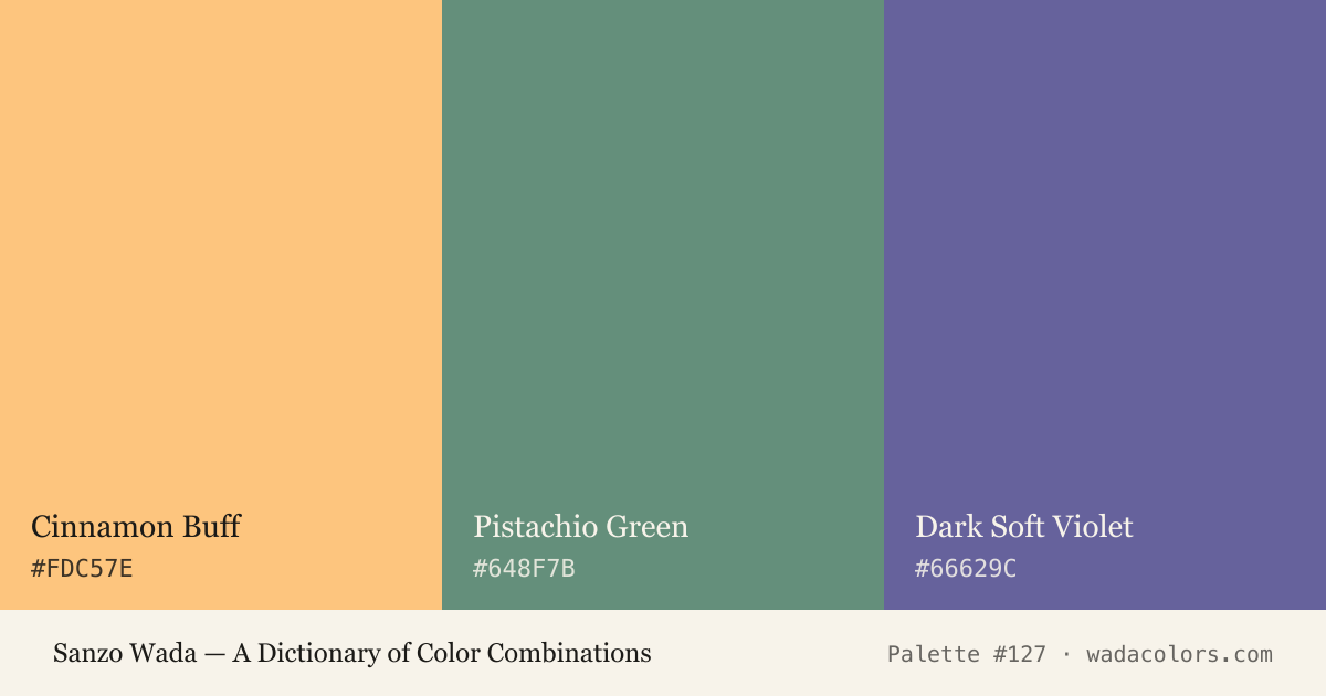 Sanzo Wada color palette #127: Cinnamon Buff, Pistachio Green, Dark Soft Violet, with hex codes