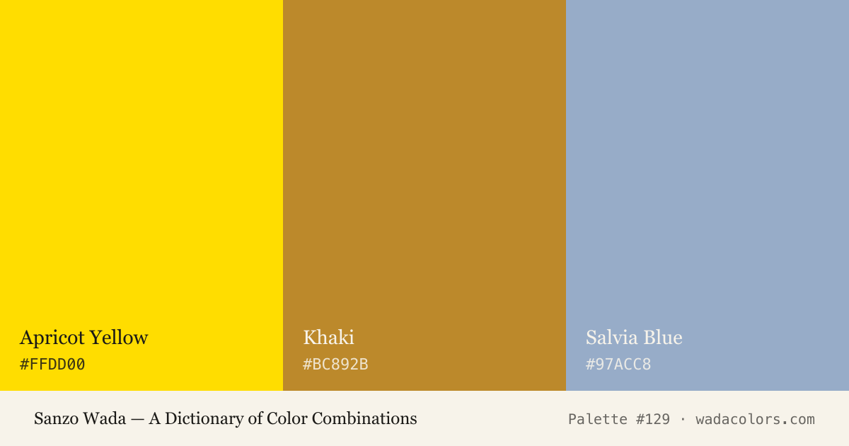 Sanzo Wada color palette #129: Apricot Yellow, Khaki, Salvia Blue, with hex codes