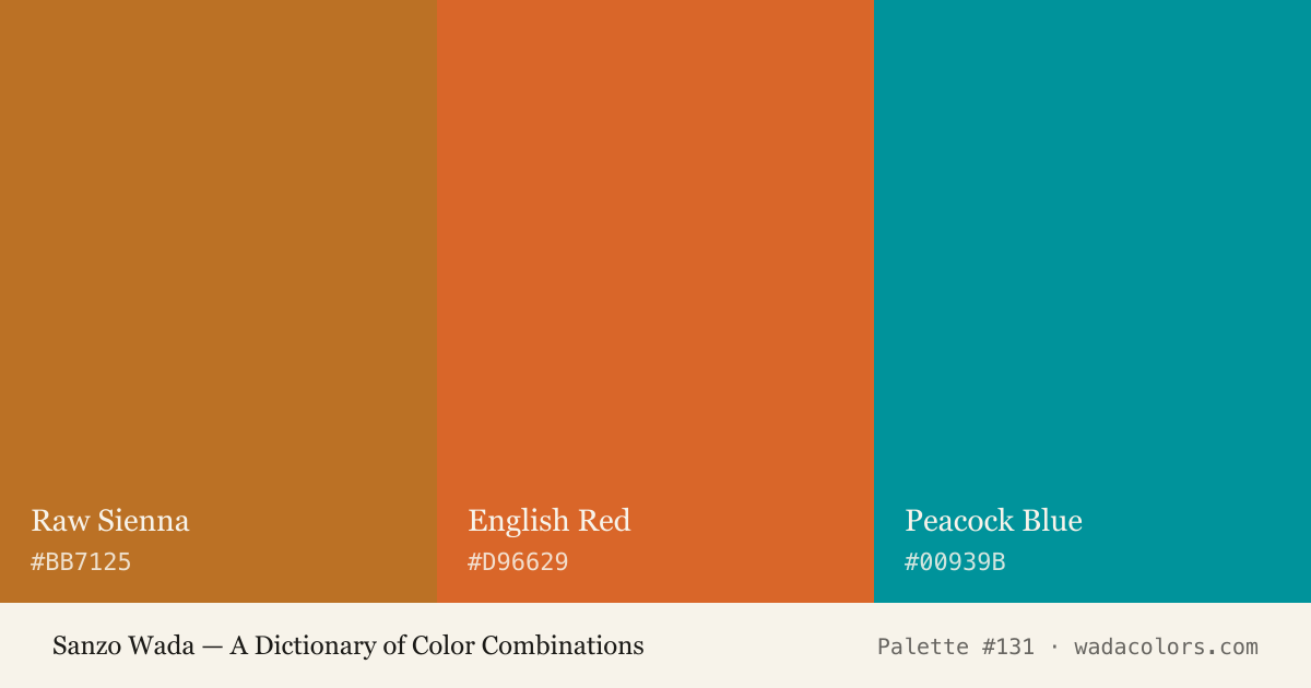Sanzo Wada color palette #131: Raw Sienna, English Red, Peacock Blue, with hex codes