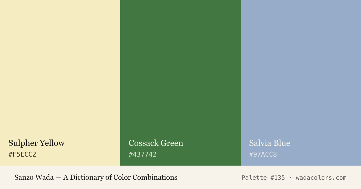 Sanzo Wada color palette #135: Sulpher Yellow, Cossack Green, Salvia Blue, with hex codes