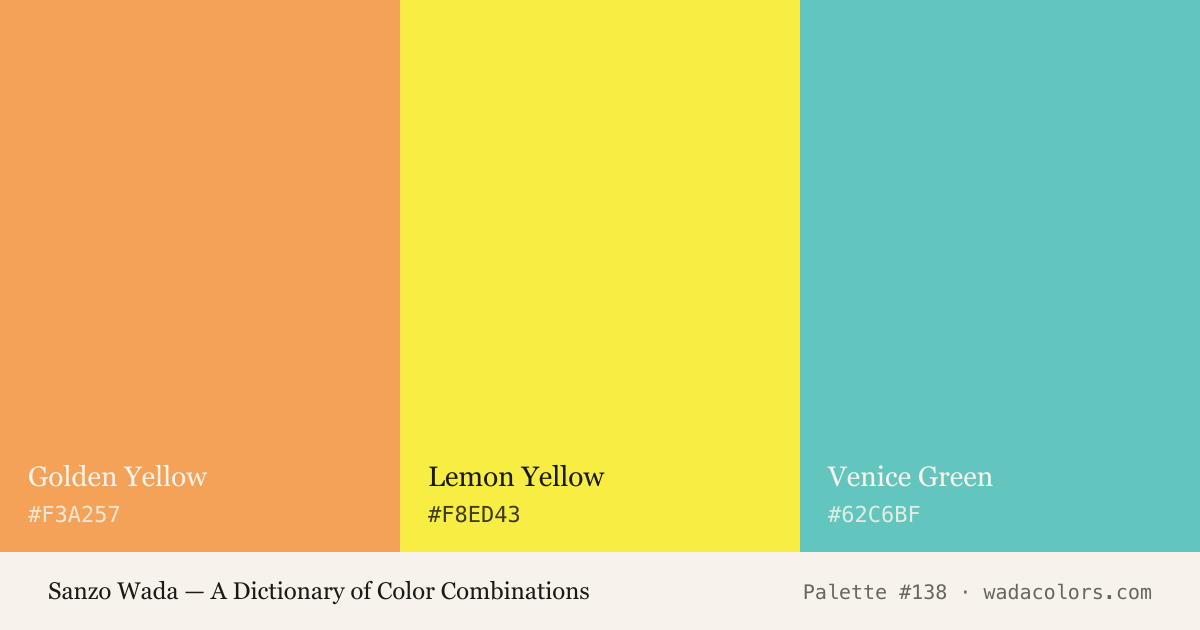 Sanzo Wada color palette #138: Golden Yellow, Lemon Yellow, Venice Green, with hex codes