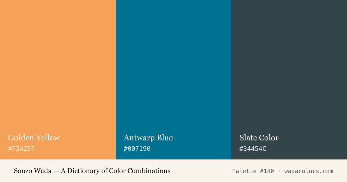 Sanzo Wada color palette #140: Golden Yellow, Antwarp Blue, Slate Color, with hex codes