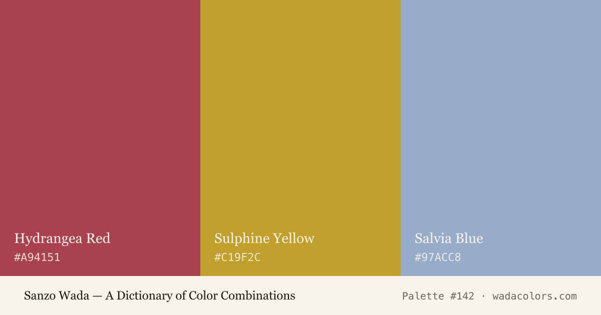 Sanzo Wada color palette #142: Hydrangea Red, Sulphine Yellow, Salvia Blue, with hex codes