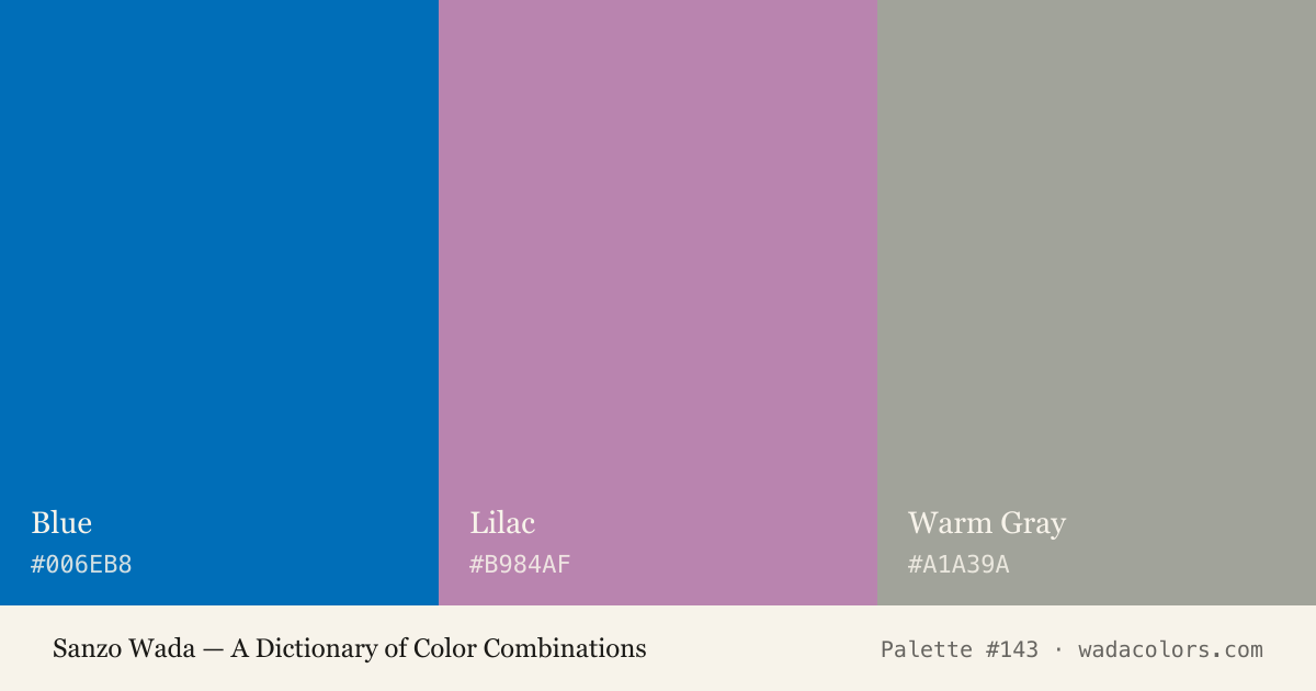Sanzo Wada color palette #143: Blue, Lilac, Warm Gray, with hex codes