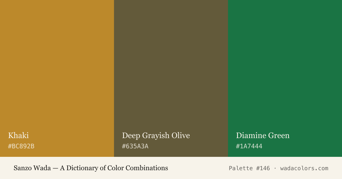 Sanzo Wada color palette #146: Khaki, Deep Grayish Olive, Diamine Green, with hex codes