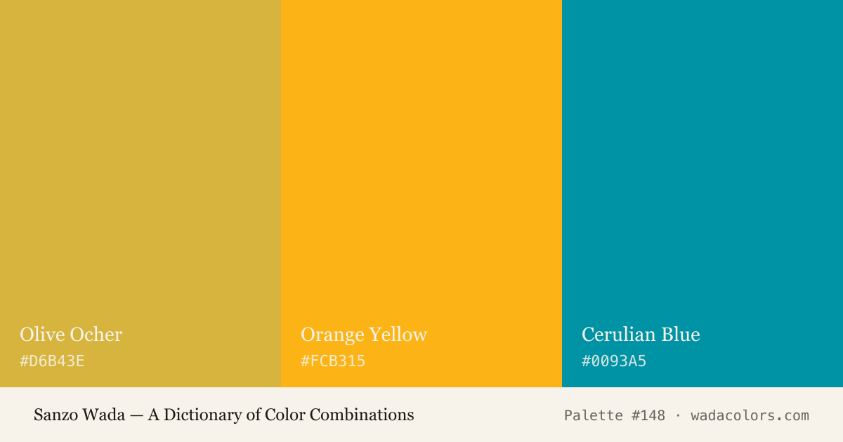 Sanzo Wada color palette #148: Olive Ocher, Orange Yellow, Cerulian Blue, with hex codes
