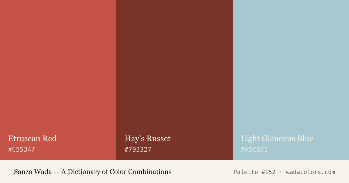 Sanzo Wada color palette #152: Etruscan Red, Hay's Russet, Light Glaucous Blue, with hex codes