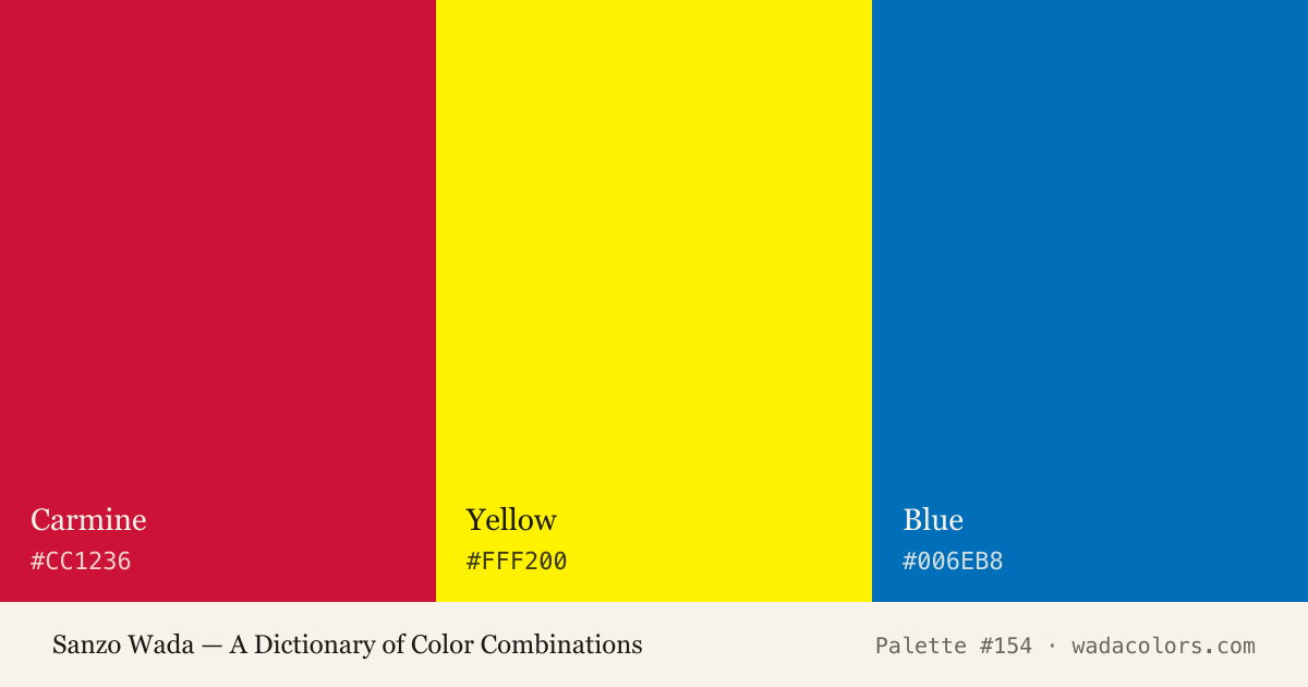 Sanzo Wada color palette #154: Carmine, Yellow, Blue, with hex codes