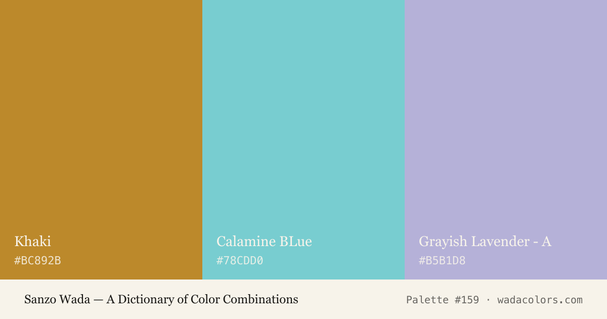 Sanzo Wada color palette #159: Khaki, Calamine BLue, Grayish Lavender - A, with hex codes