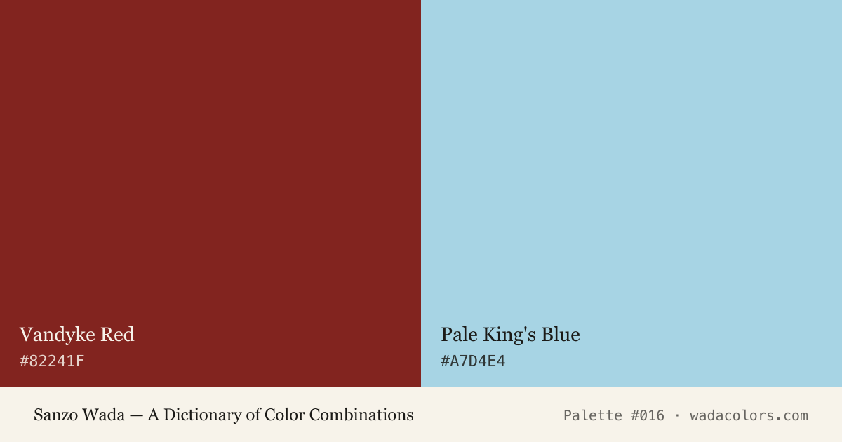 Sanzo Wada color palette #016: Vandyke Red, Pale King's Blue, with hex codes