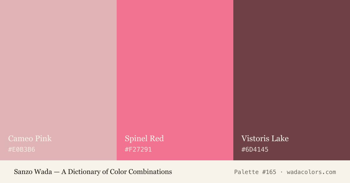 Sanzo Wada color palette #165: Cameo Pink, Spinel Red, Vistoris Lake, with hex codes