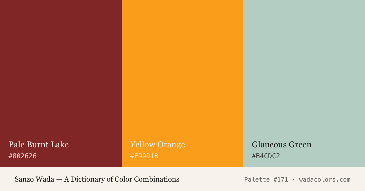 Sanzo Wada color palette #171: Pale Burnt Lake, Yellow Orange, Glaucous Green, with hex codes