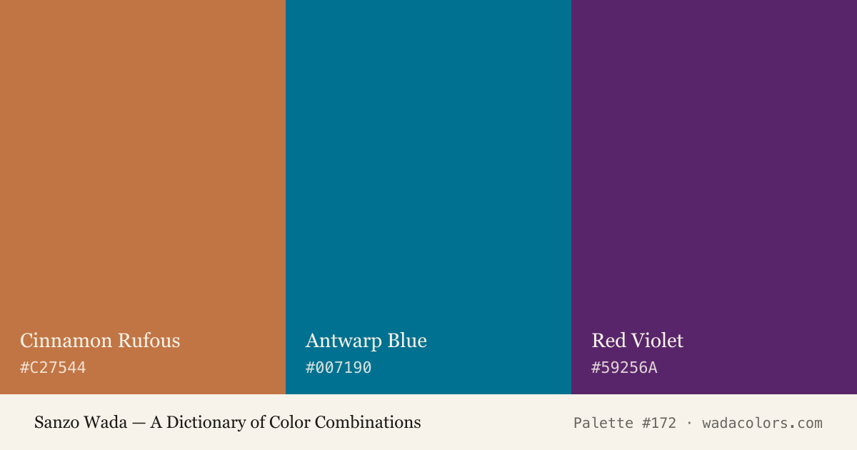 Sanzo Wada color palette #172: Cinnamon Rufous, Antwarp Blue, Red Violet, with hex codes