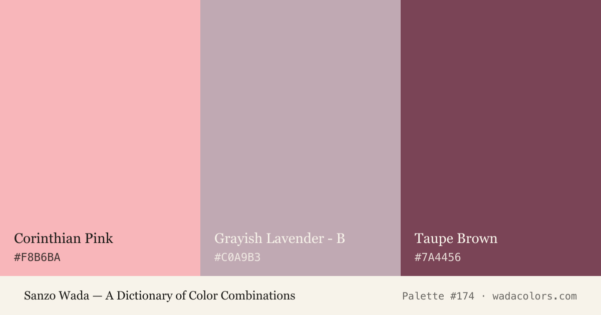 Sanzo Wada color palette #174: Corinthian Pink, Grayish Lavender - B, Taupe Brown, with hex codes