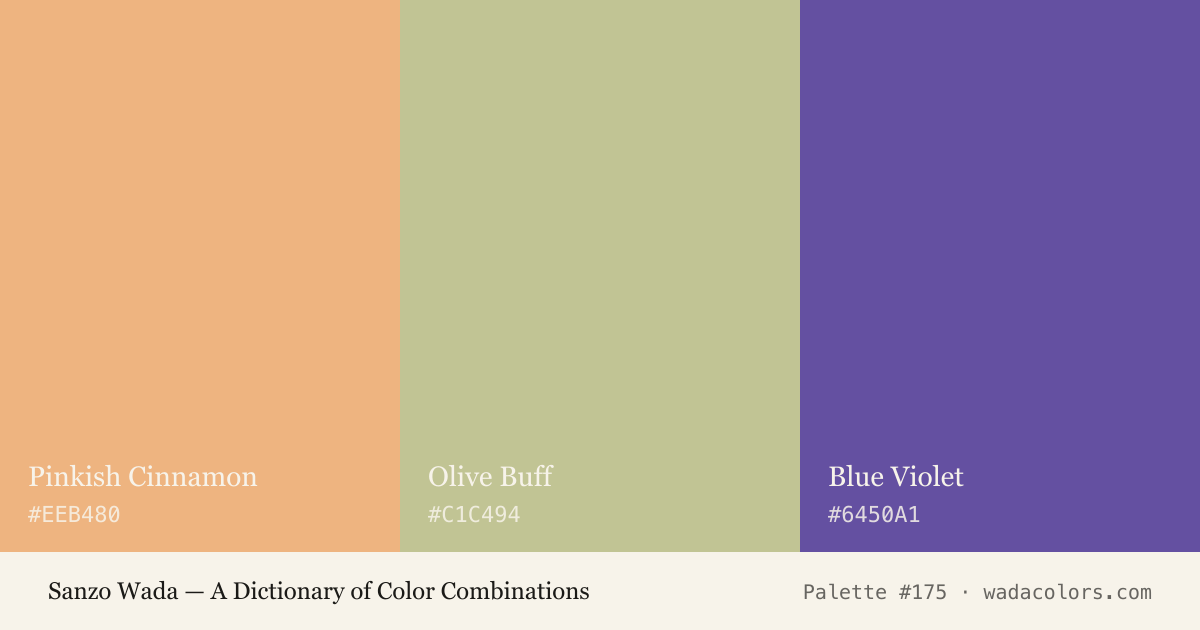 Sanzo Wada color palette #175: Pinkish Cinnamon, Olive Buff, Blue Violet, with hex codes