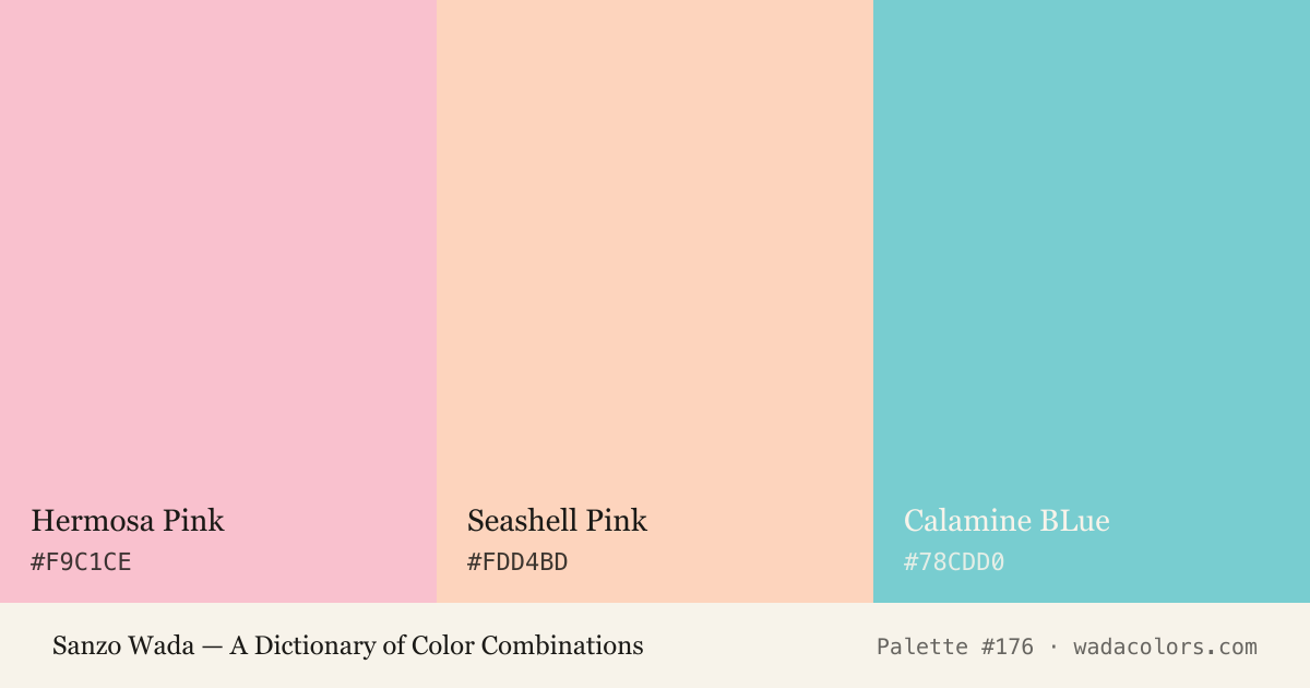 Sanzo Wada color palette #176: Hermosa Pink, Seashell Pink, Calamine BLue, with hex codes