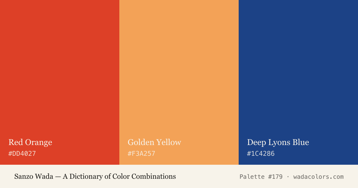 Sanzo Wada color palette #179: Red Orange, Golden Yellow, Deep Lyons Blue, with hex codes