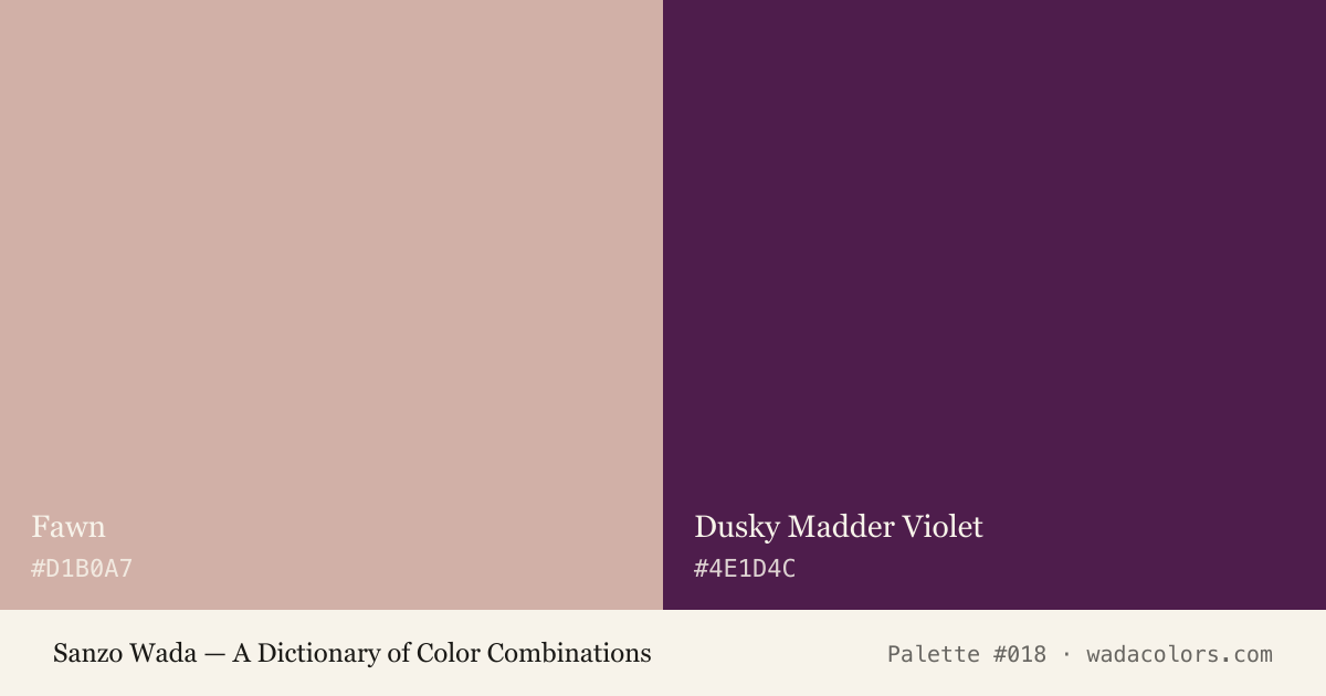 Sanzo Wada color palette #018: Fawn, Dusky Madder Violet, with hex codes