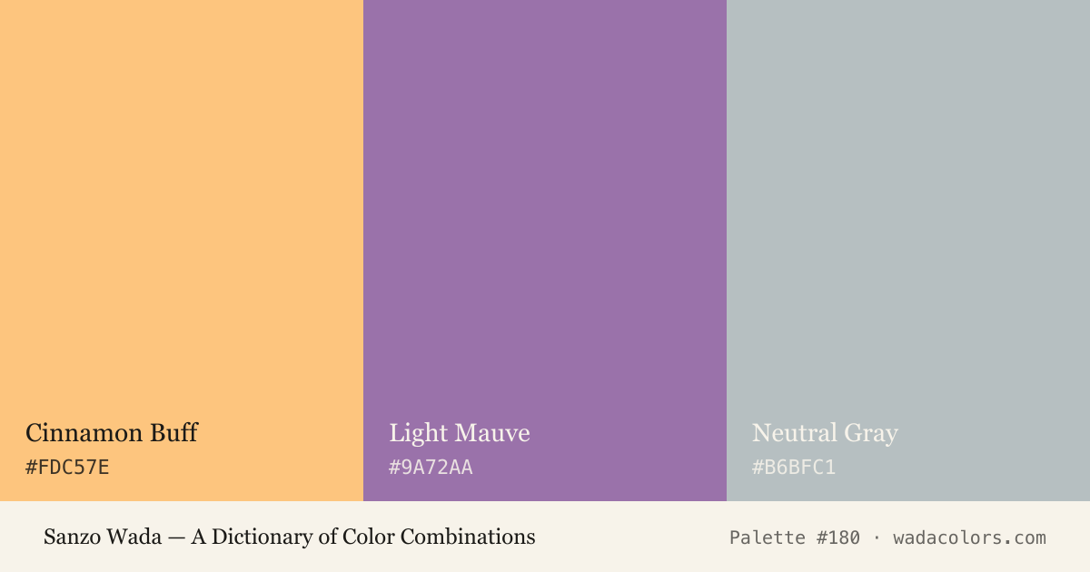 Sanzo Wada color palette #180: Cinnamon Buff, Light Mauve, Neutral Gray, with hex codes