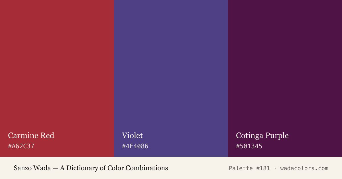 Sanzo Wada color palette #181: Carmine Red, Violet, Cotinga Purple, with hex codes
