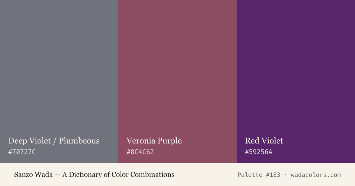 Sanzo Wada color palette #183: Deep Violet / Plumbeous, Veronia Purple, Red Violet, with hex codes