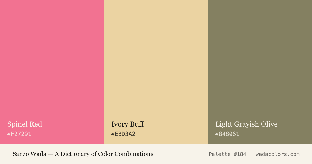 Sanzo Wada color palette #184: Spinel Red, Ivory Buff, Light Grayish Olive, with hex codes