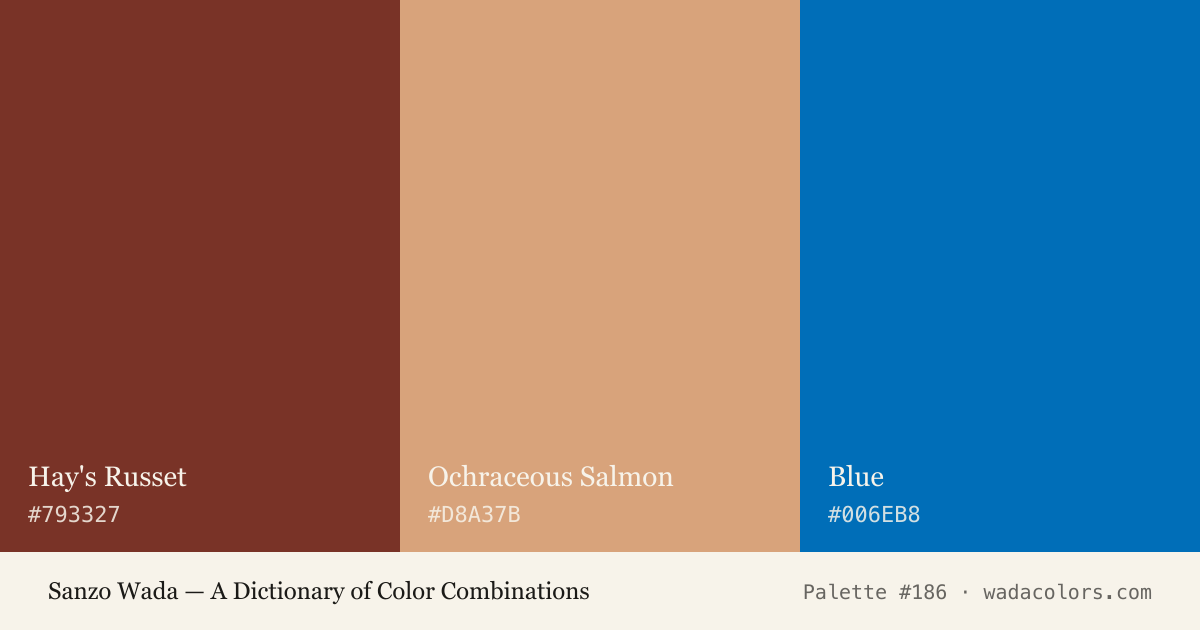 Sanzo Wada color palette #186: Hay's Russet, Ochraceous Salmon, Blue, with hex codes