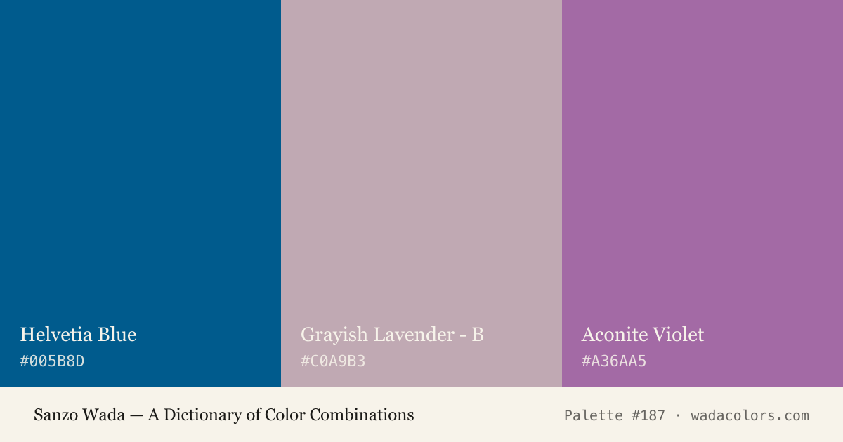 Sanzo Wada color palette #187: Helvetia Blue, Grayish Lavender - B, Aconite Violet, with hex codes
