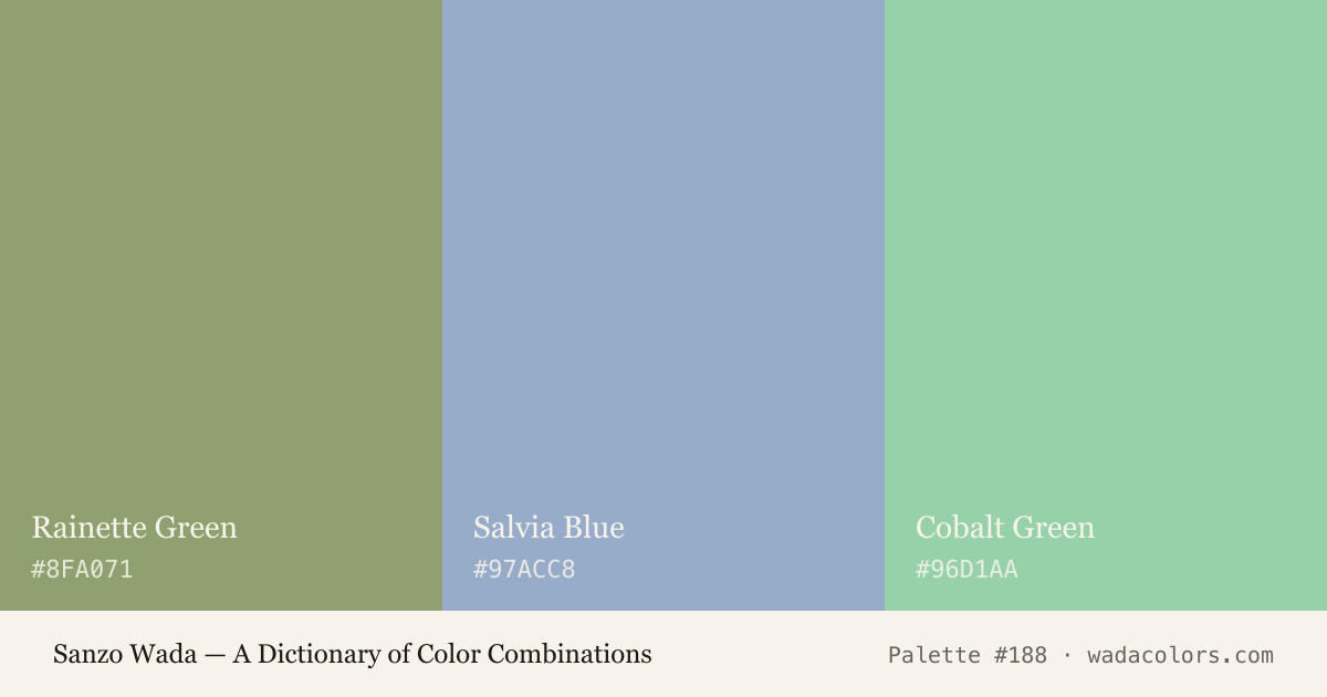 Sanzo Wada color palette #188: Rainette Green, Salvia Blue, Cobalt Green, with hex codes