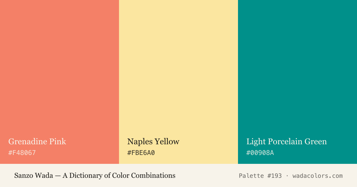 Sanzo Wada color palette #193: Grenadine Pink, Naples Yellow, Light Porcelain Green, with hex codes
