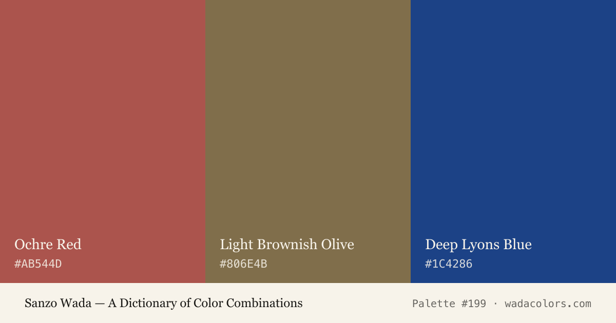 Sanzo Wada color palette #199: Ochre Red, Light Brownish Olive, Deep Lyons Blue, with hex codes