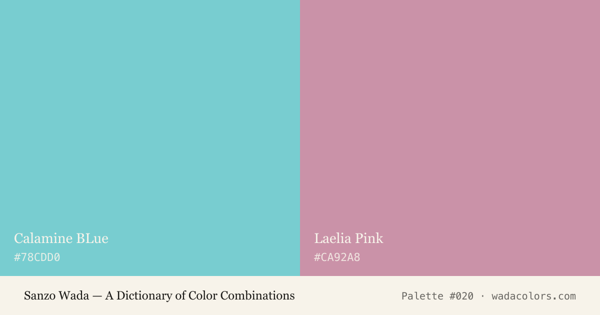 Sanzo Wada color palette #020: Calamine BLue, Laelia Pink, with hex codes