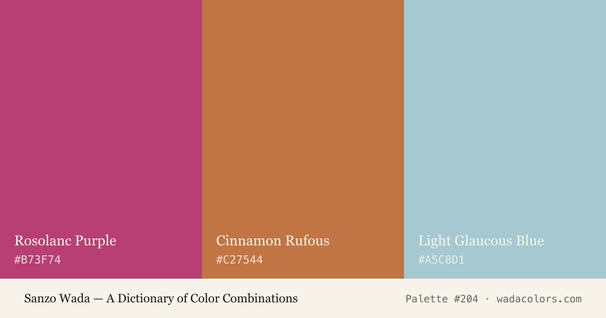 Sanzo Wada color palette #204: Rosolanc Purple, Cinnamon Rufous, Light Glaucous Blue, with hex codes