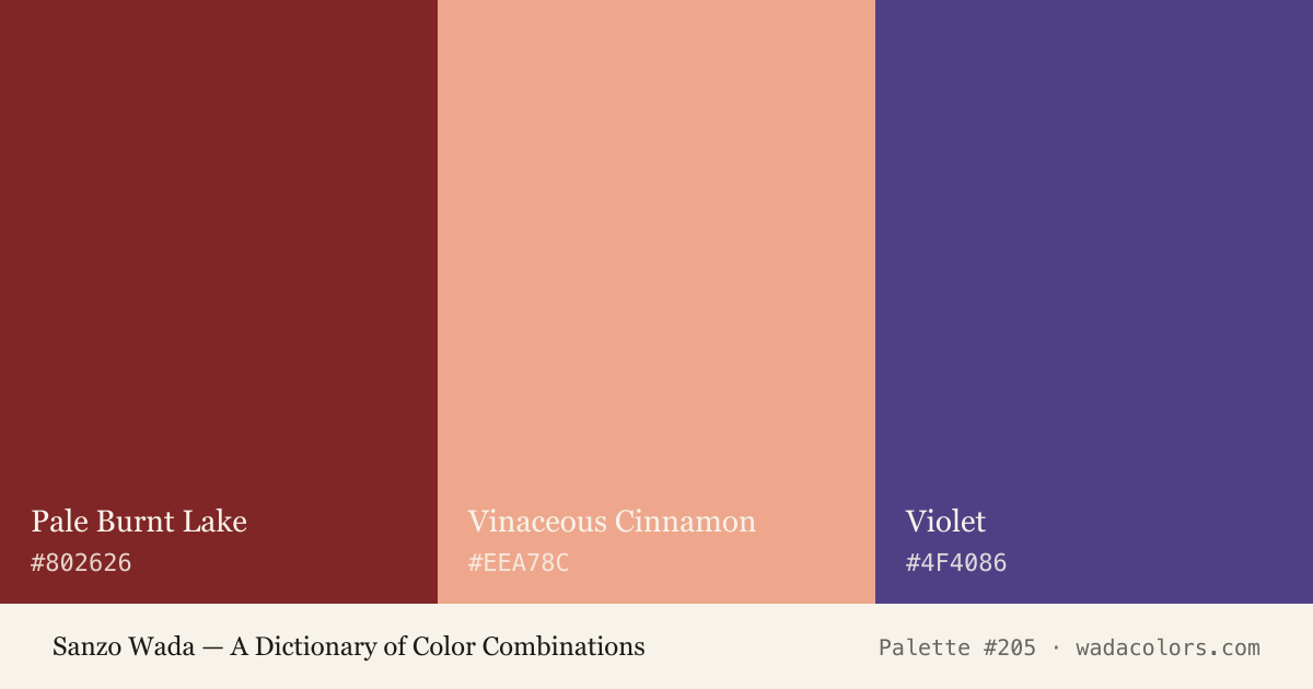 Sanzo Wada color palette #205: Pale Burnt Lake, Vinaceous Cinnamon, Violet, with hex codes