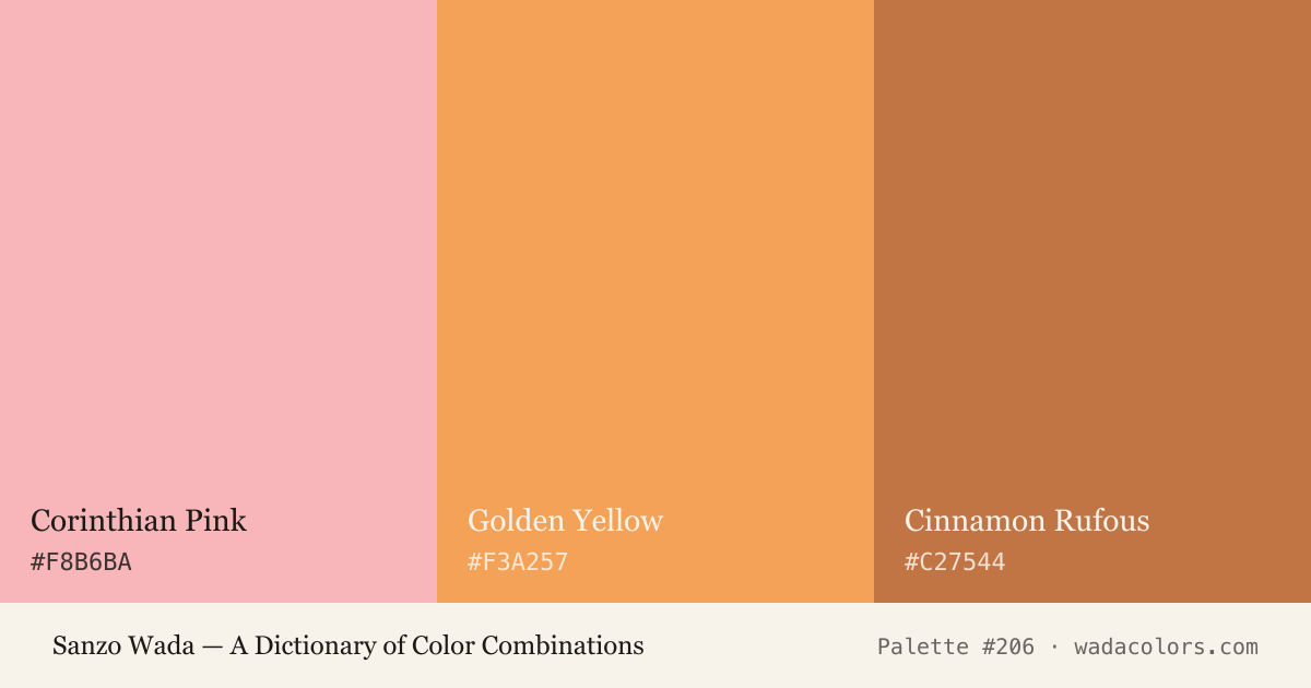 Sanzo Wada color palette #206: Corinthian Pink, Golden Yellow, Cinnamon Rufous, with hex codes