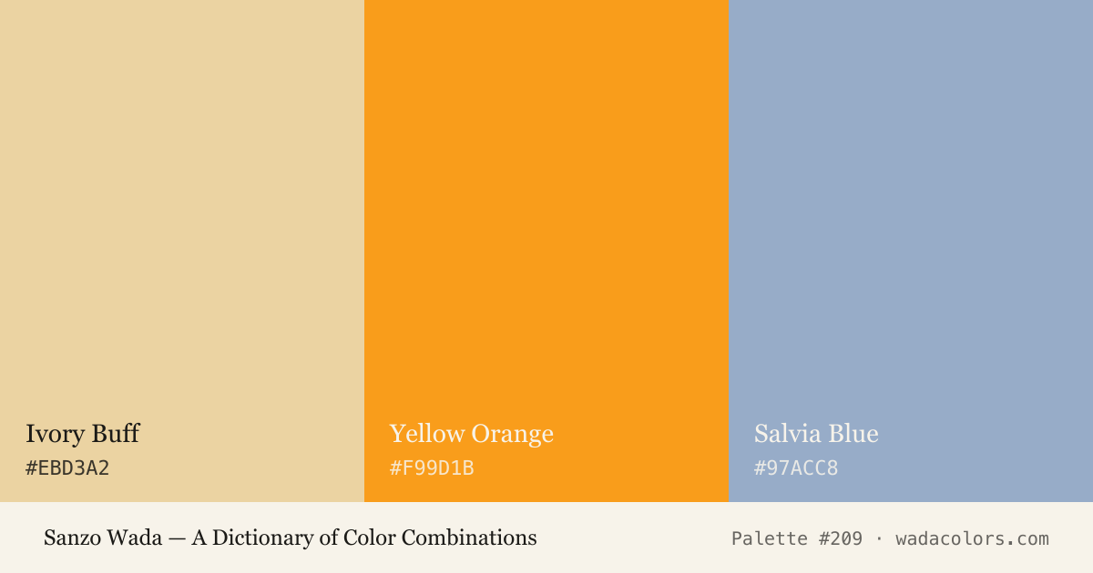 Sanzo Wada color palette #209: Ivory Buff, Yellow Orange, Salvia Blue, with hex codes