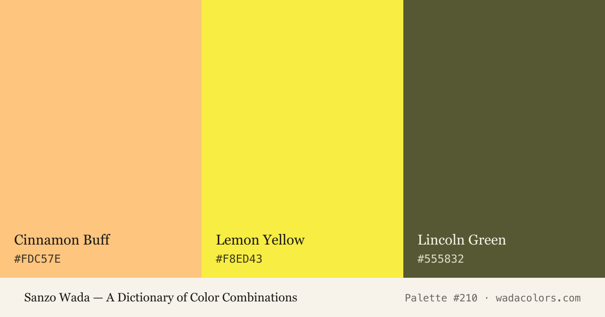 Sanzo Wada color palette #210: Cinnamon Buff, Lemon Yellow, Lincoln Green, with hex codes
