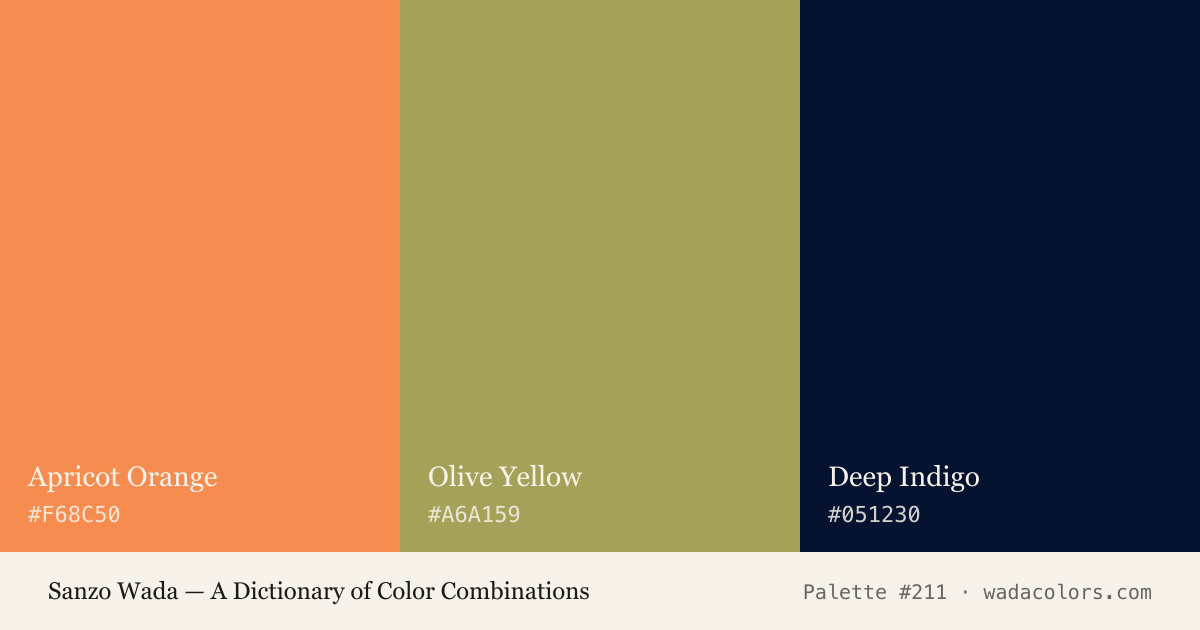 Sanzo Wada color palette #211: Apricot Orange, Olive Yellow, Deep Indigo, with hex codes