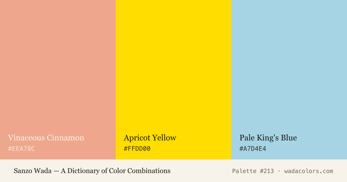 Sanzo Wada color palette #213: Vinaceous Cinnamon, Apricot Yellow, Pale King's Blue, with hex codes