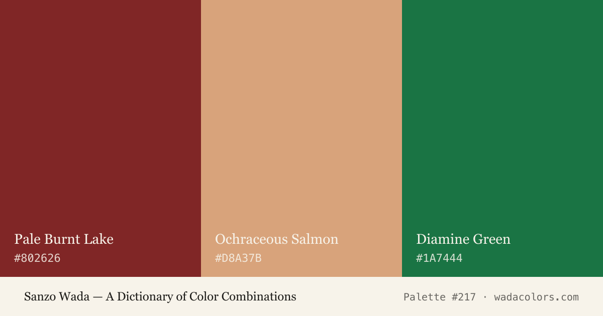 Sanzo Wada color palette #217: Pale Burnt Lake, Ochraceous Salmon, Diamine Green, with hex codes