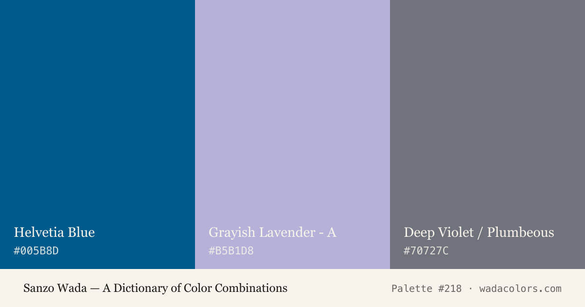 Sanzo Wada color palette #218: Helvetia Blue, Grayish Lavender - A, Deep Violet / Plumbeous, with hex codes