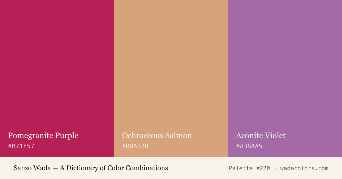 Sanzo Wada color palette #220: Pomegranite Purple, Ochraceous Salmon, Aconite Violet, with hex codes