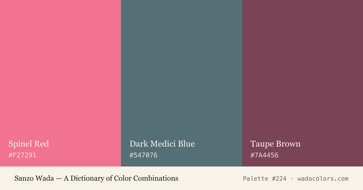 Sanzo Wada color palette #224: Spinel Red, Dark Medici Blue, Taupe Brown, with hex codes