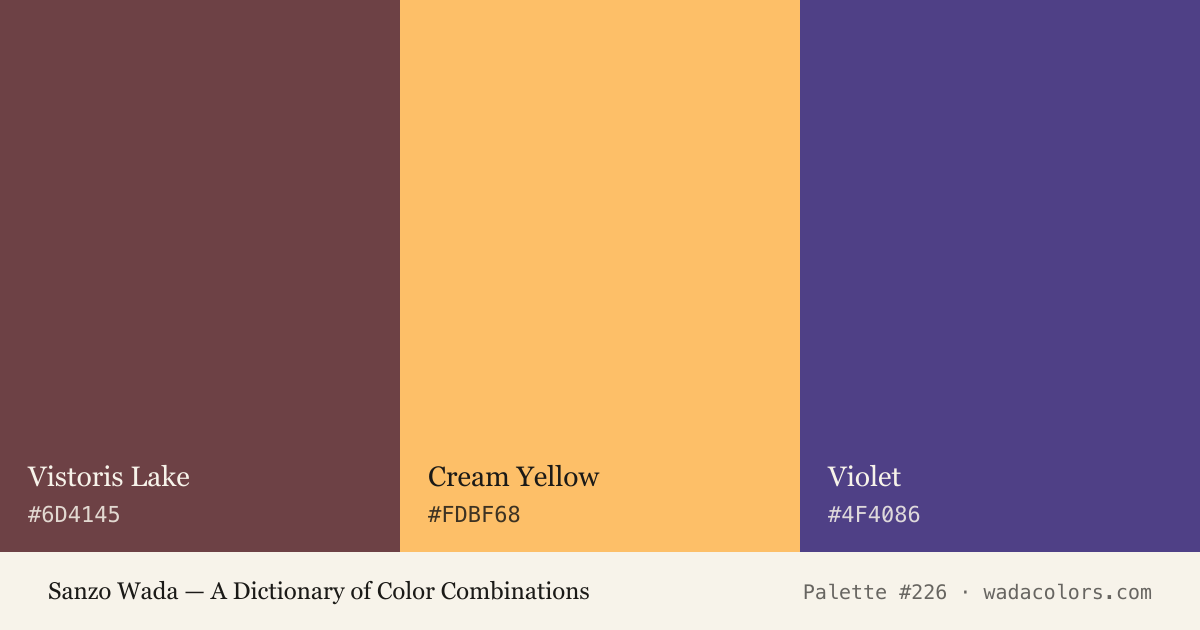 Sanzo Wada color palette #226: Vistoris Lake, Cream Yellow, Violet, with hex codes