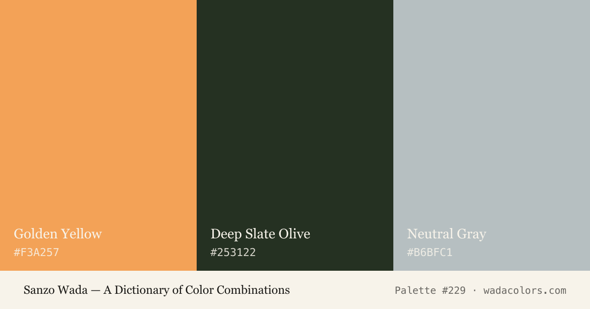 Sanzo Wada color palette #229: Golden Yellow, Deep Slate Olive, Neutral Gray, with hex codes